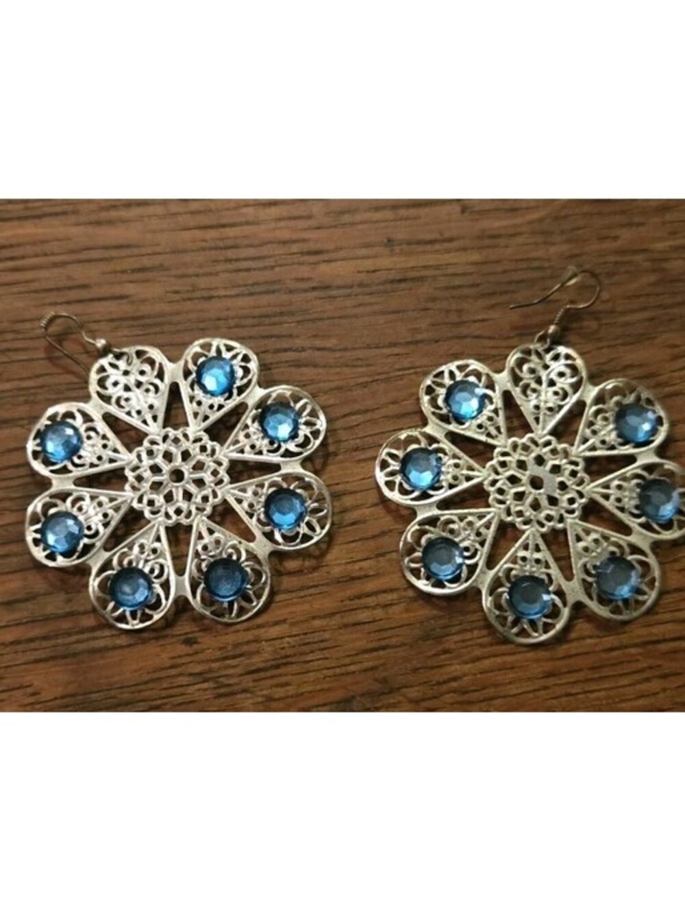 Filigree Tin Earrings with Blue Crystal Flowers, Large 2.25" Diameter